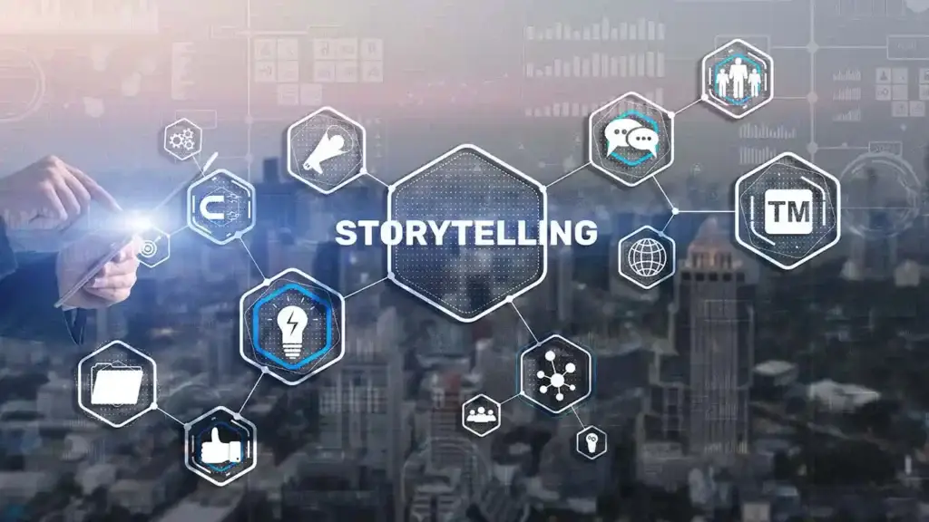 Image featuring storytelling and icons representing communication.